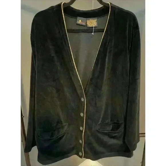 Vintage Liz Sport Black Velvet Blazer Jacket Sz L Gold Trim Crested Buttons 251H - Picture 1 of 13
